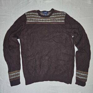 Vintage‎ Chaps Lambswool Fair Isle Cable Knit Sweater Dark Brown Womens Large